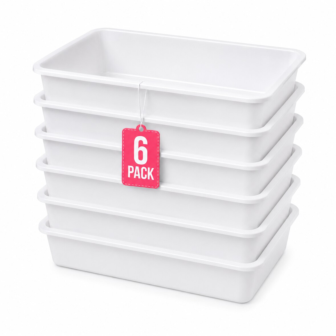 COM-FORT HOUSE Bandejas de Plástico Rectangulares Blanco, Pack 6, 43,5x28,5x7,5 cm, Organizador Multiusos para Cocina, Nevera, Baño y Almacenaje