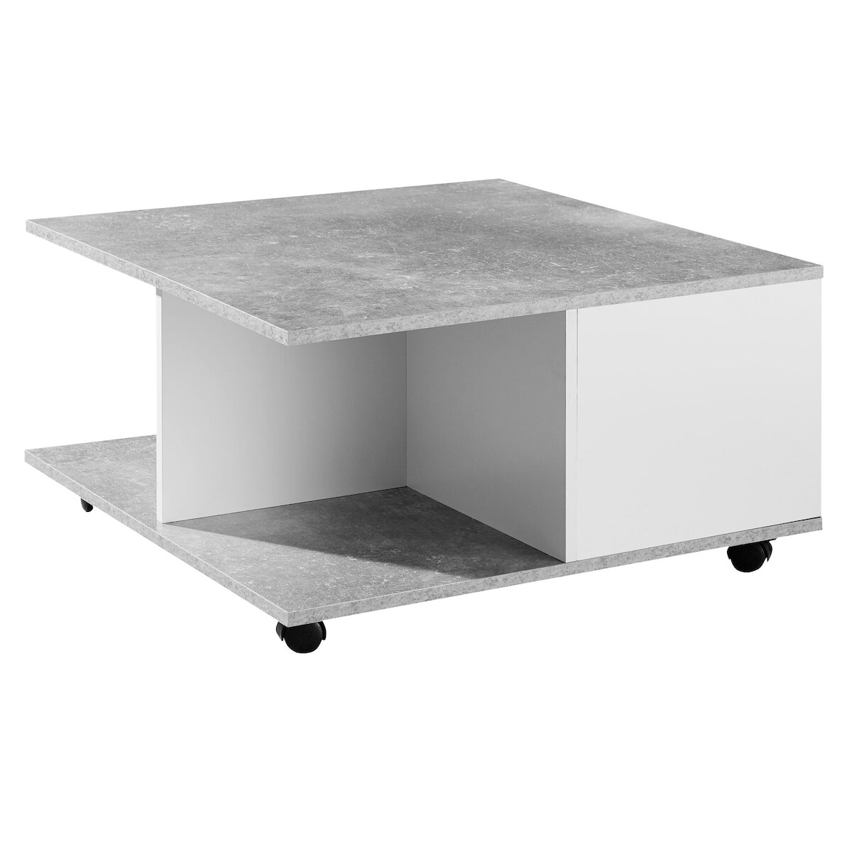 KADIMA DESIGN Design Couchtisch 70x70 cm Zementgrau / Weiß, Wohnzimmertisch mit 2 Schubladen, Sofatisch mit Rollen, Tisch mit 2