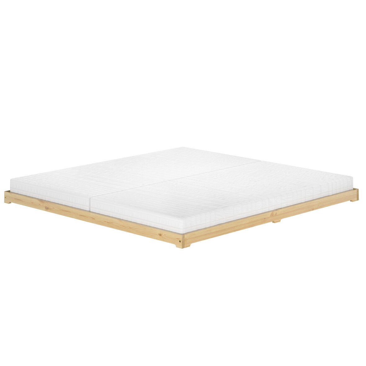 Niedriges Bodenbett 200x200 Kiefer natur, Niederflurbett, Futonbett, V-60.47K-20 Rollrost und Matratze inkl.