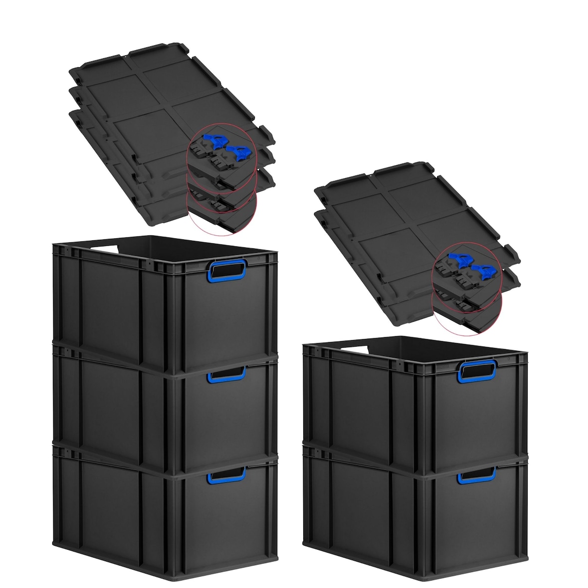 PROREGAL SuperSparSet 5x Eurobox NextGen Color mit Scharnierdeckel & Verschlüssen, HxBxT 32x40x60cm, 65L, Schwarz, Griffe blau offen, Eurobehälter