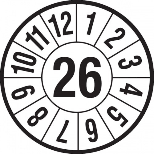 Jahresprüfplaketten ab 26, Jahresfarben, Folie, Ø 40mm - Bogen = 10 Plaketten - 40 mm Folie selbstklebend