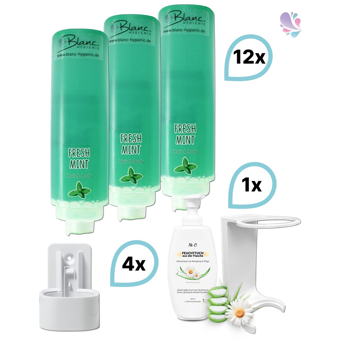 KOMPLETT-SET Duscherlebnis 12x425ml verschied. Düfte, 1x300ml Intim Reinigungsschaum+ 5x Wandhalterung : Duftnote - Fresh Mint: Minze, Teebaum, Farbe