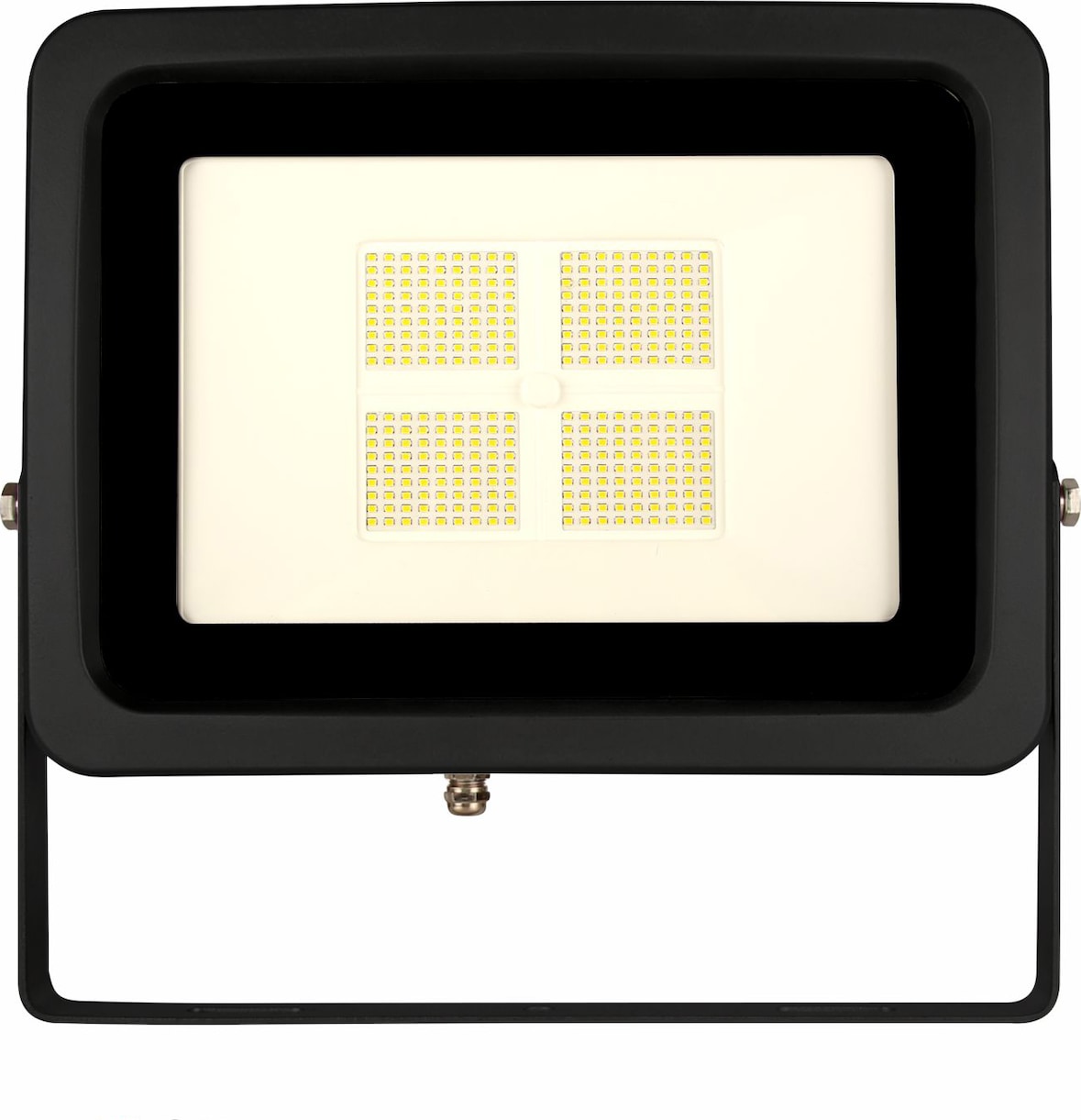 Ein schwarzer Flutlichtstrahler mit einem rechteckigen Lichtpanel.