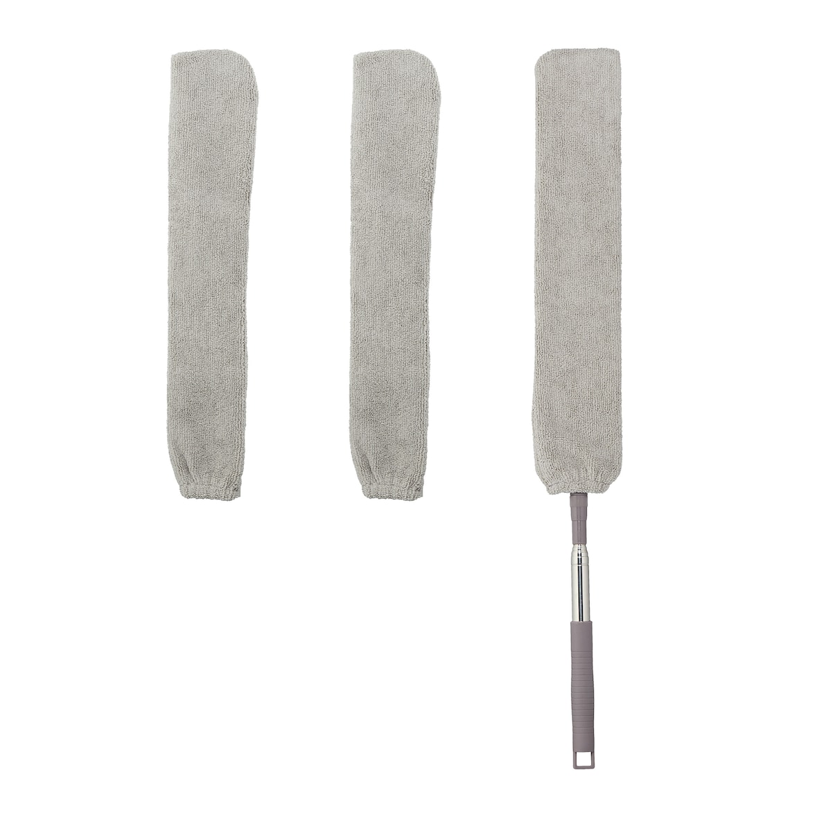 Relaxdays flacher Staubwedel, Lücken putzen, Teleskopstange bis 115 cm, 3 waschbare Bezüge, Spaltstaubreiniger, grau