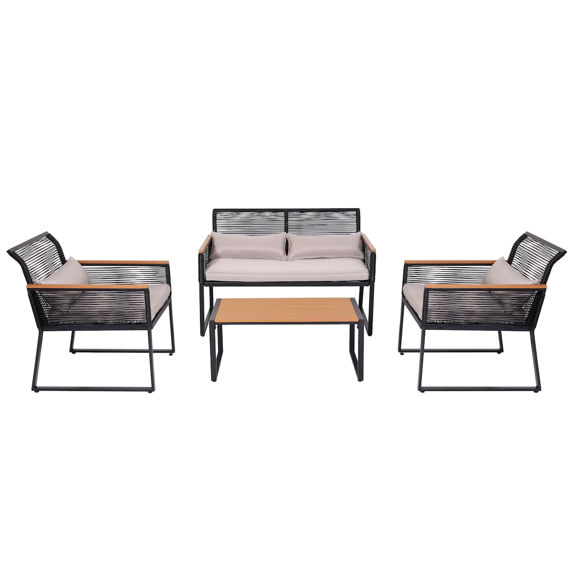 Tuinset HWC-K42, tuin loungeset zitgroep bank, rope weave Rope houtlook staal, bekleding lichtgrijs