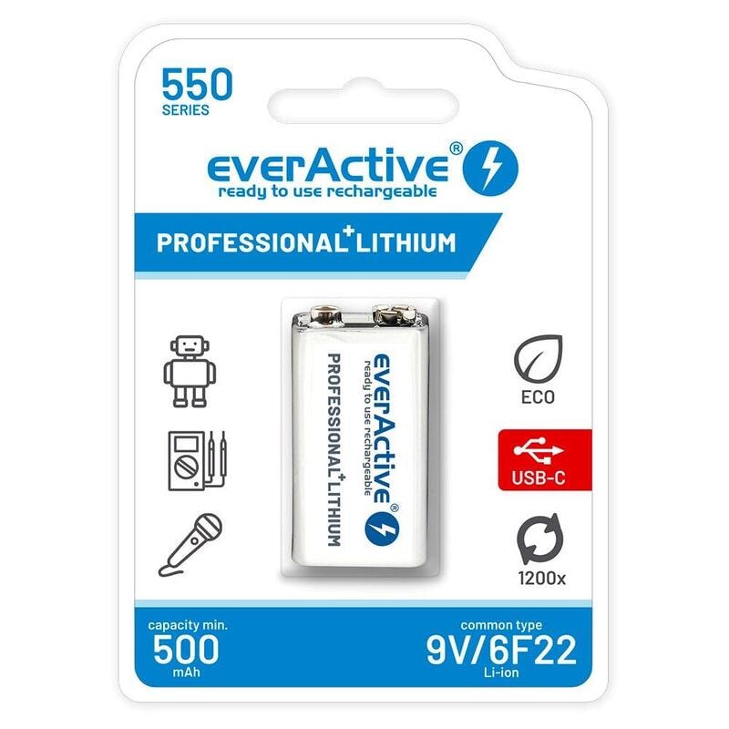 Bateria Everactive 6F22/9V Li-Ion 550 Mah com USB tipo C