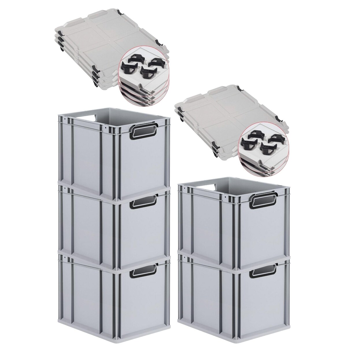 PROREGAL SparSet 5x Eurobox NextGen Color mit Auflagedeckel & Verschlüsse, HxBxT 32x30x40cm, 30L, Grau, Griffe schwarz offen, Eurobehälter