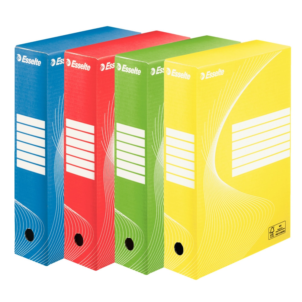 Esselte Boxy Color Scatola Archivio, Dim. 25 x 35 x 8 cm, per Documenti Formato A4, 25 Confezioni da 4 Pezzi, Colori Assortiti, 128409