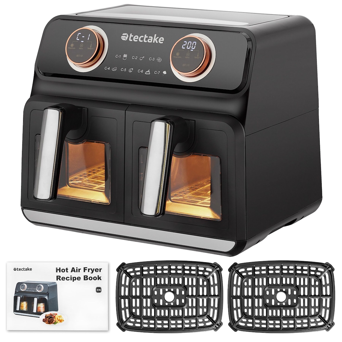 tectake Airfryer Samurai, 2 kookruimtes, 7 programma's, 2400W - zwart - 405249