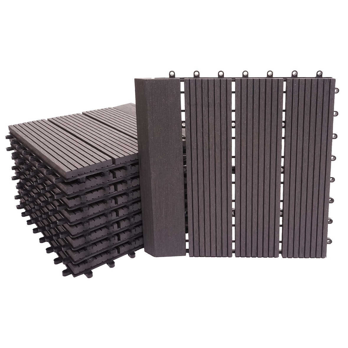 WPC Bodenfliese Rhone + Abschluss, Holzoptik Balkon/Terrasse, 11x je 30x30cm = 1qm Premium ~ anthrazit linear senkrecht