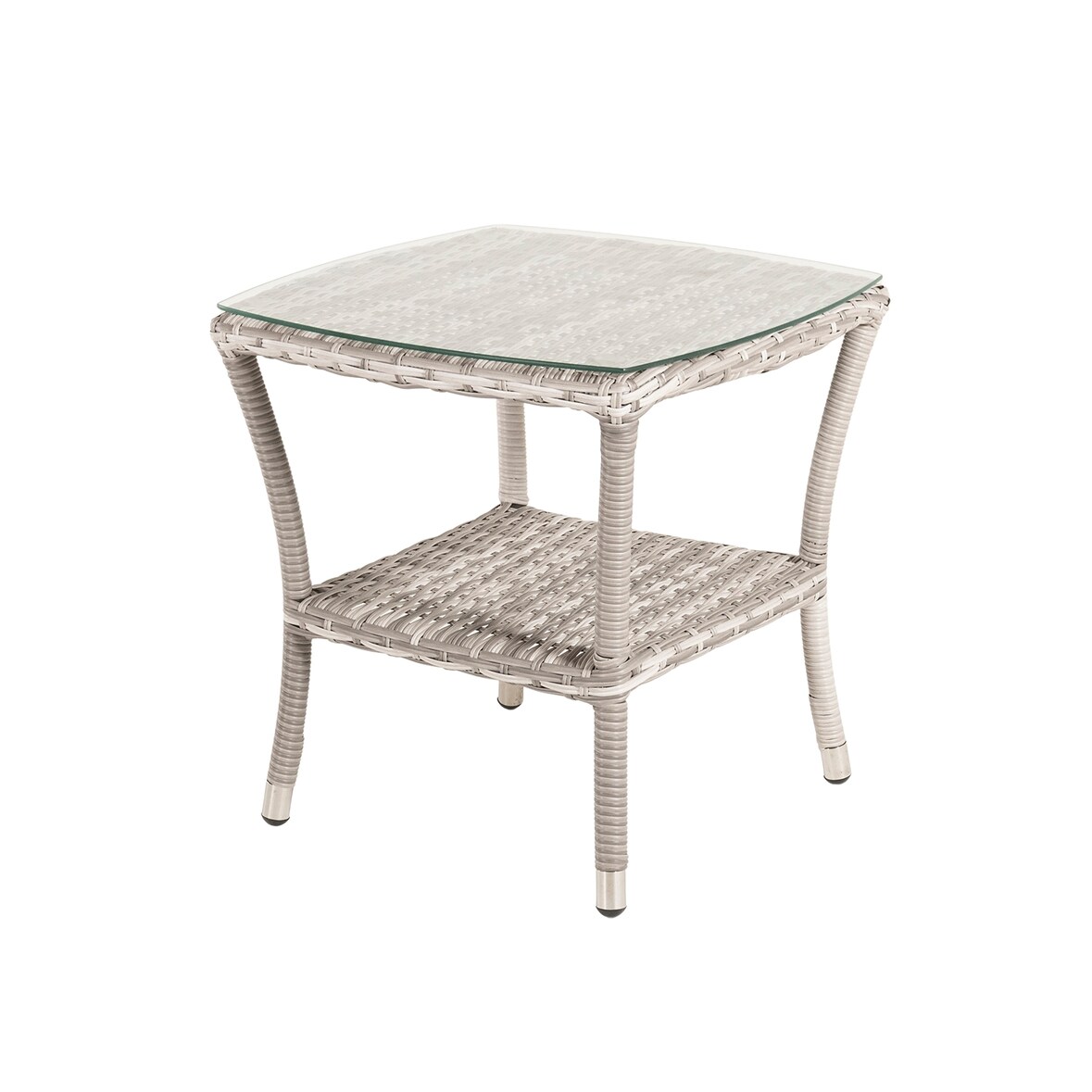 Mesa de terraza auxiliar, Tamaño: 50x50x55 cm, Aluminio y ratán sintético plano color gris, Cristal templado de 5 mm