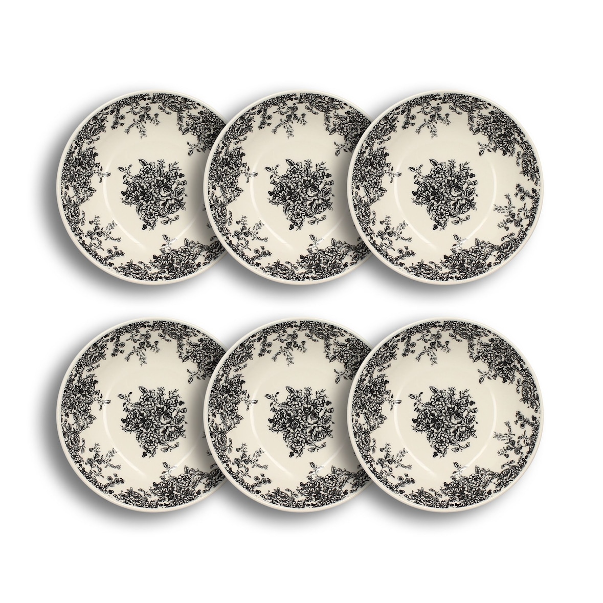 Novastyl - Lot 6 assiettes creuses florali 20.5cm en grès décor noir
