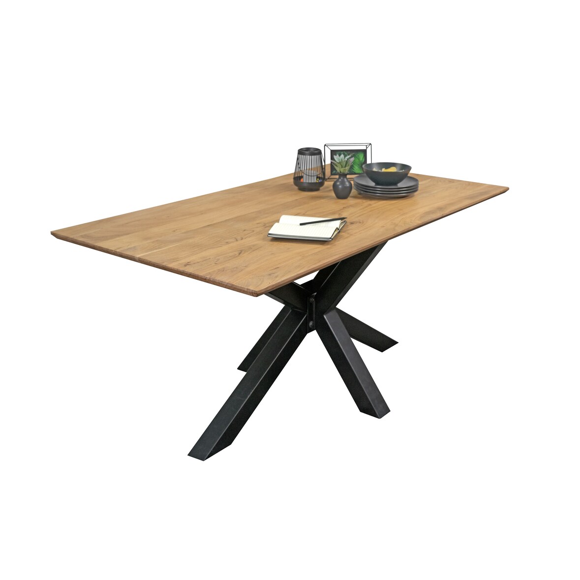 Esstisch 180 x 90 cm Akazie massiv naturfarben Schweizer Kante Spider-Gestell ABBY