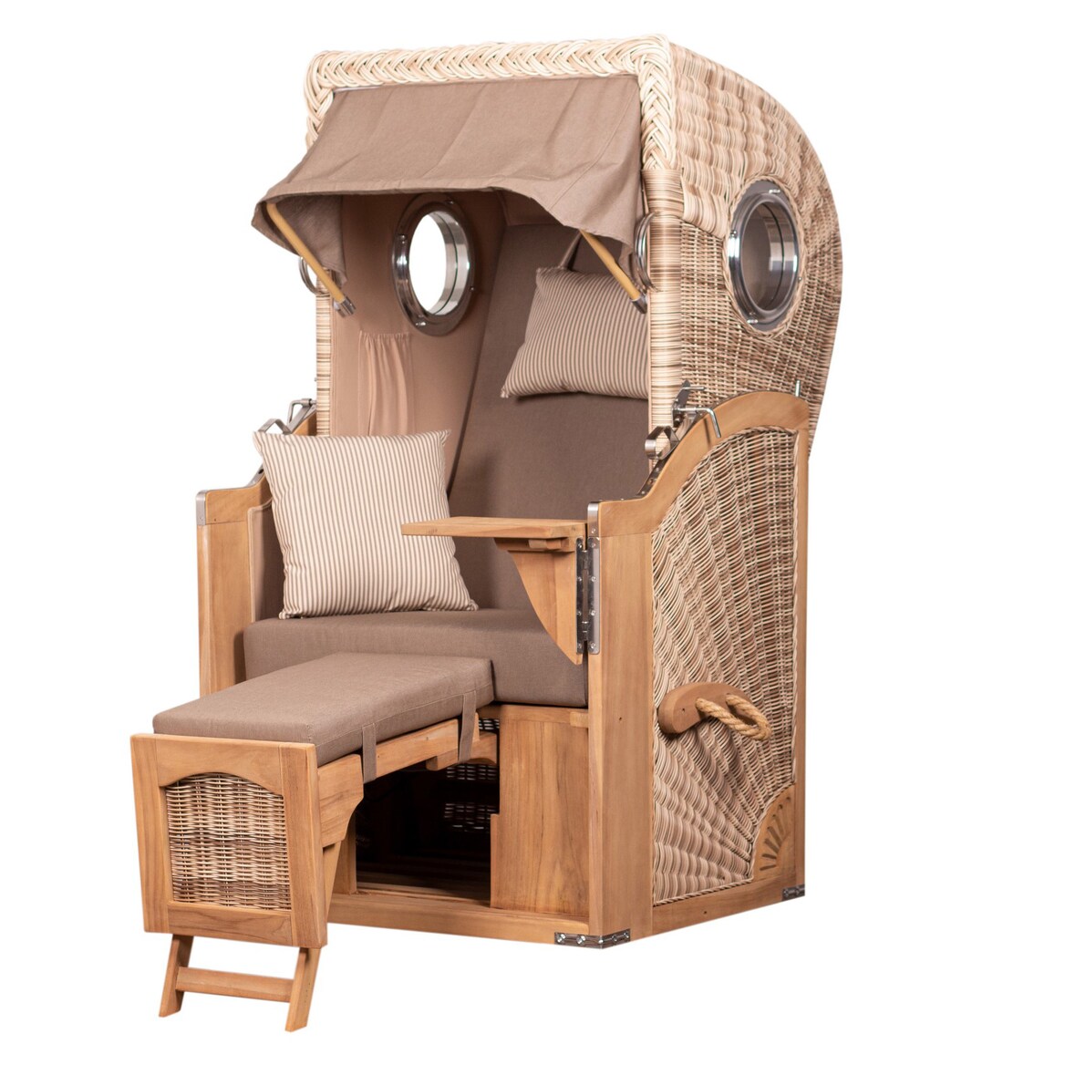 Strandkorb - bene living - Ammersee Single Teak Bullauge - PE shell - Modell 534 - Einsitzer inkl. Liftersystem