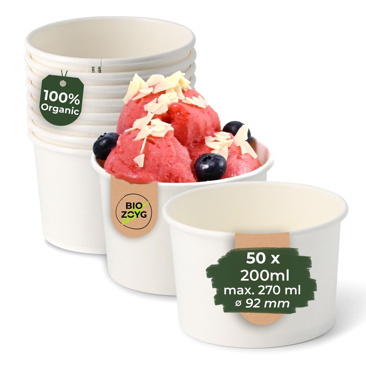 BIOZOYG 50 Stück Eisbecher Pappe 200 ml weiß - umweltfreundlich, recycelbar, plastikfrei - Joghurtbecher, Papierbecher
