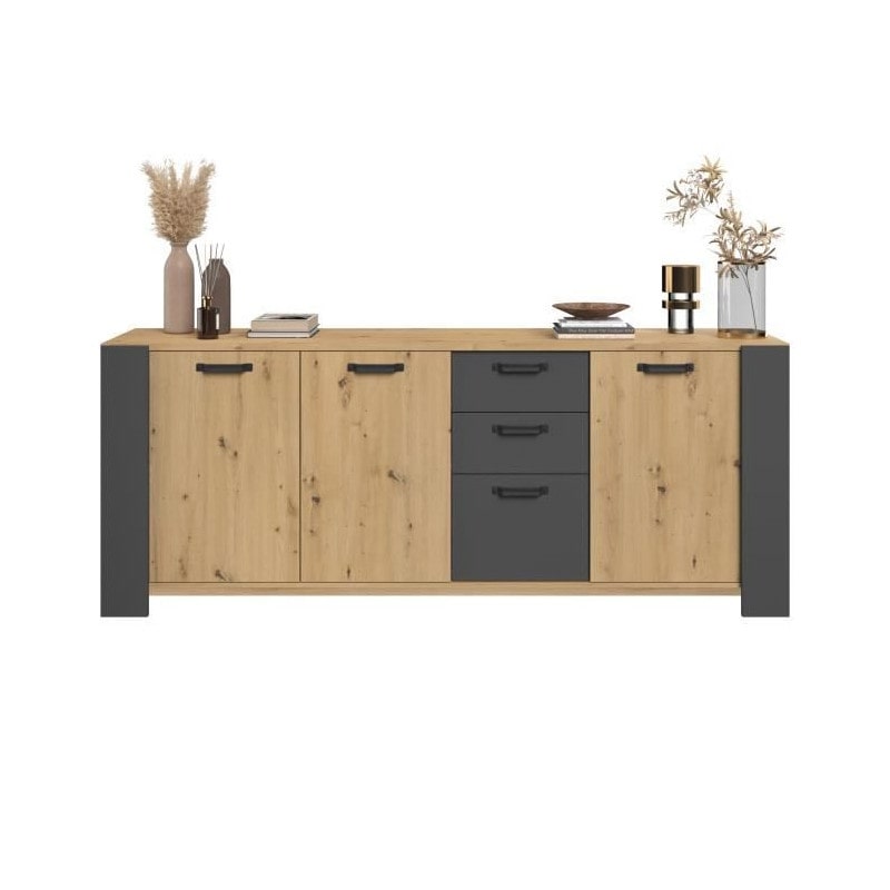 Buffet Loft - Decor Chene Artisan Et Melamine Gris Ombre - 3 Portes Et 3 Tiroirs - L 220 X P 52 X H 86.5 Cm - Parisot