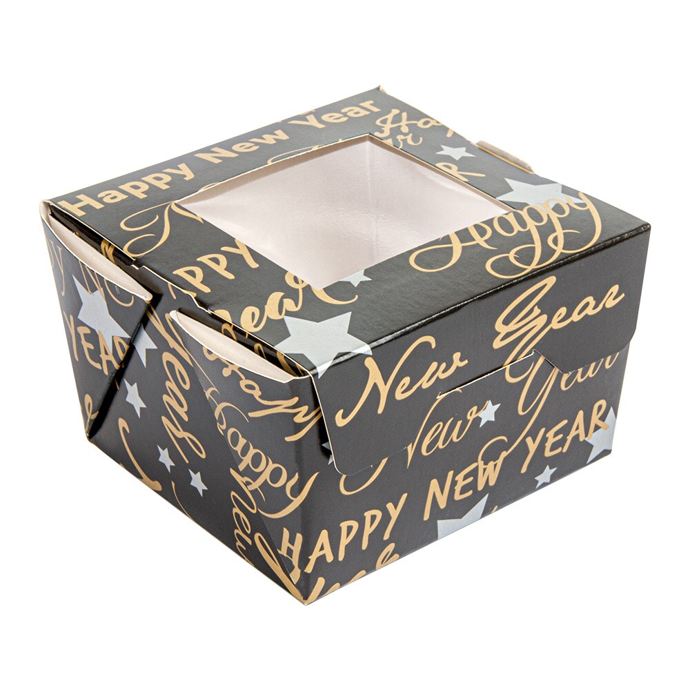 Cajitas Con Ventana 'Happy New Year' 300 Ml 300 G/M2 8X7,5X5,5 Cm Negro Cartoncillo (600 unidades)