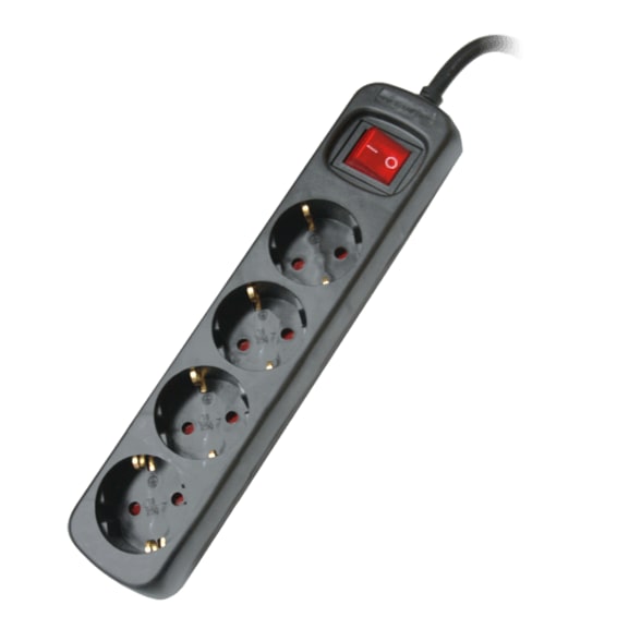 Regleta enchufe con 4 tomas con interruptor, Negro, 4 Enchufes, Cable de 1,5 metros, Protección Infantil, Toma de tierra con protección sobretensiones