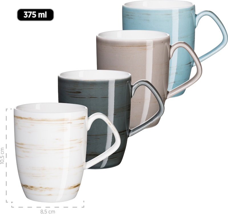 Vier mokken met handvatten in diverse kleuren.