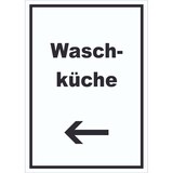 thumbnail of Waschküche Schild mit Text und Richtungspfeil links Waschraum hochkant A0 Rückseite selbstklebend