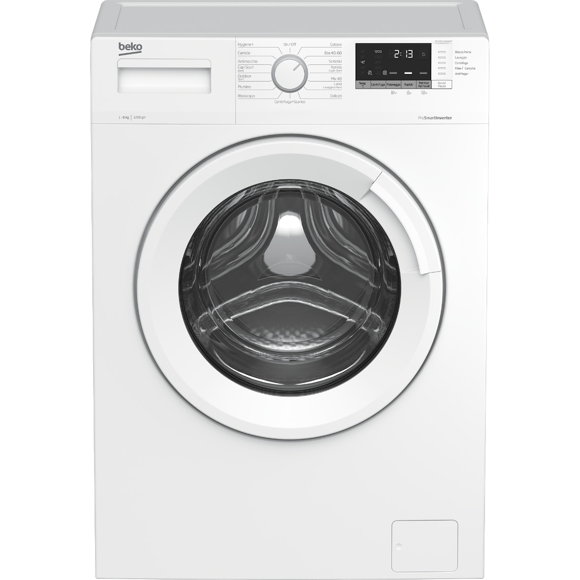 Beko, Lavatrice Standard, 8kg, Classe C, 1200giri, motore inverter, Display digitale, oblò bianco Dimensioni 84x60x55cm