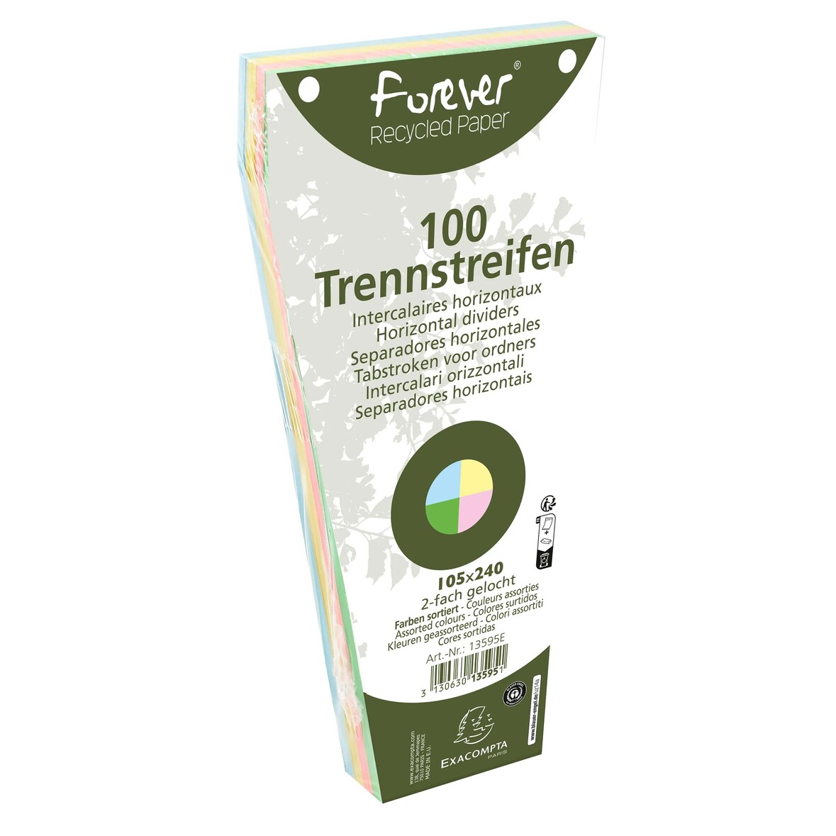 Exacompta 13595E 6x Packung mit 120 Trennstreifen, gelocht, trapezförmig aus Recycling-Papier 180g/qm, 105x240mm - Forever - Farben sortiert