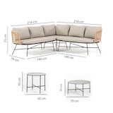 thumbnail of Conjunto de jardín estilo boho chic con sofá rinconero de ratán sintético y dos mesas de centro de metal, 5 plazas, con cojines – Tivoli Corner