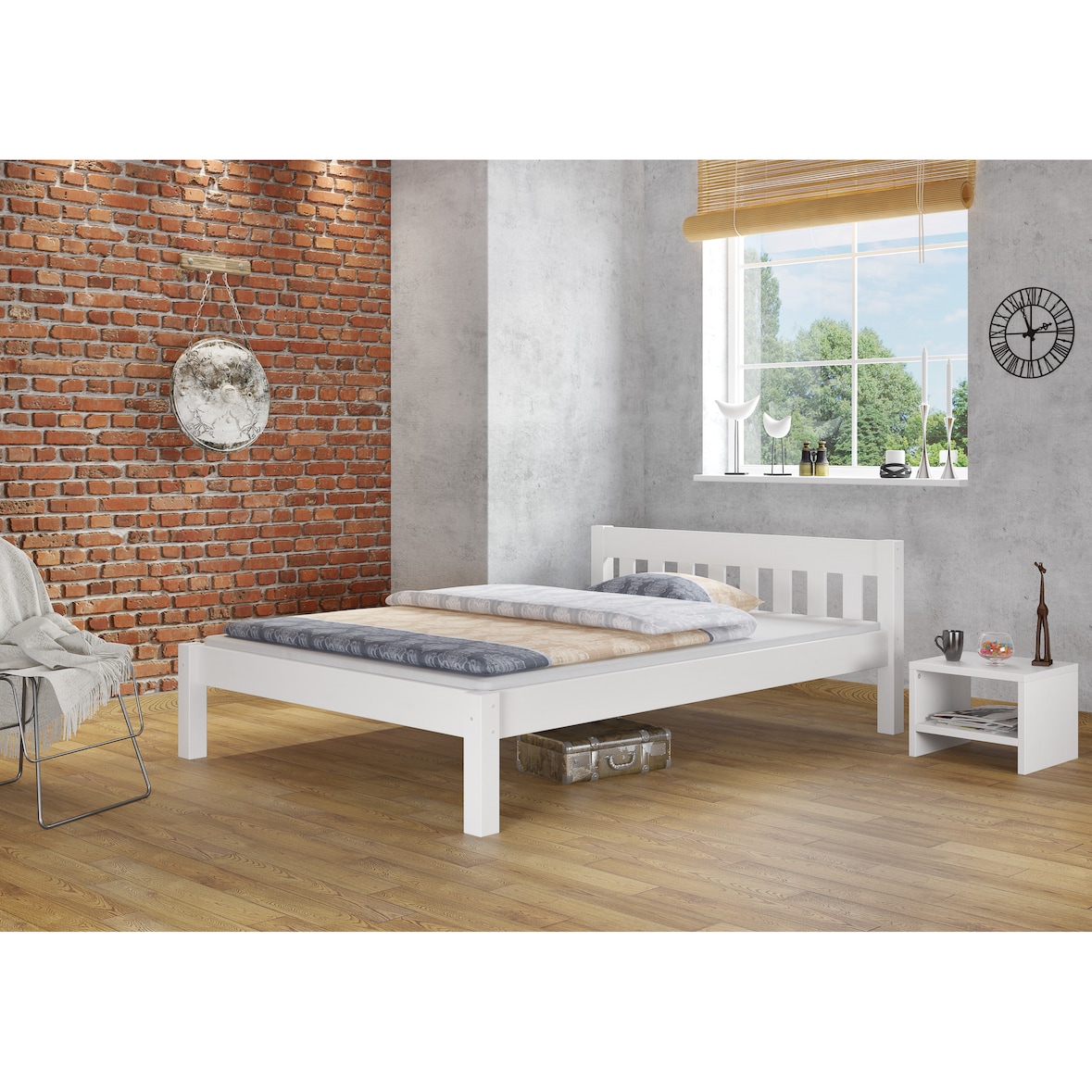 Weißes Doppelbett 180x200 Massivholzbett Kiefer massiv mit wählbarem Zubehör V-60.38-18W Federholzrahmen inkl.