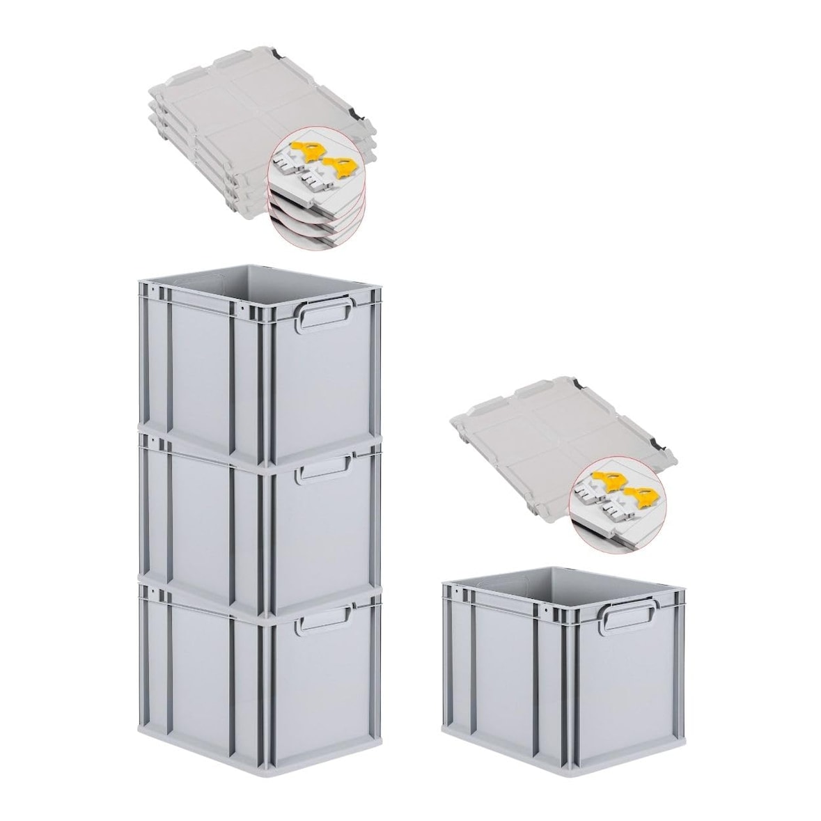 PROREGAL SuperSparSet 4x Eurobox NextGen Economy mit Scharnierdeckel & gelben Verschlüssen, Griffe zu, HxBxT 32x30x40cm, 30L, Eurobehälter, Box