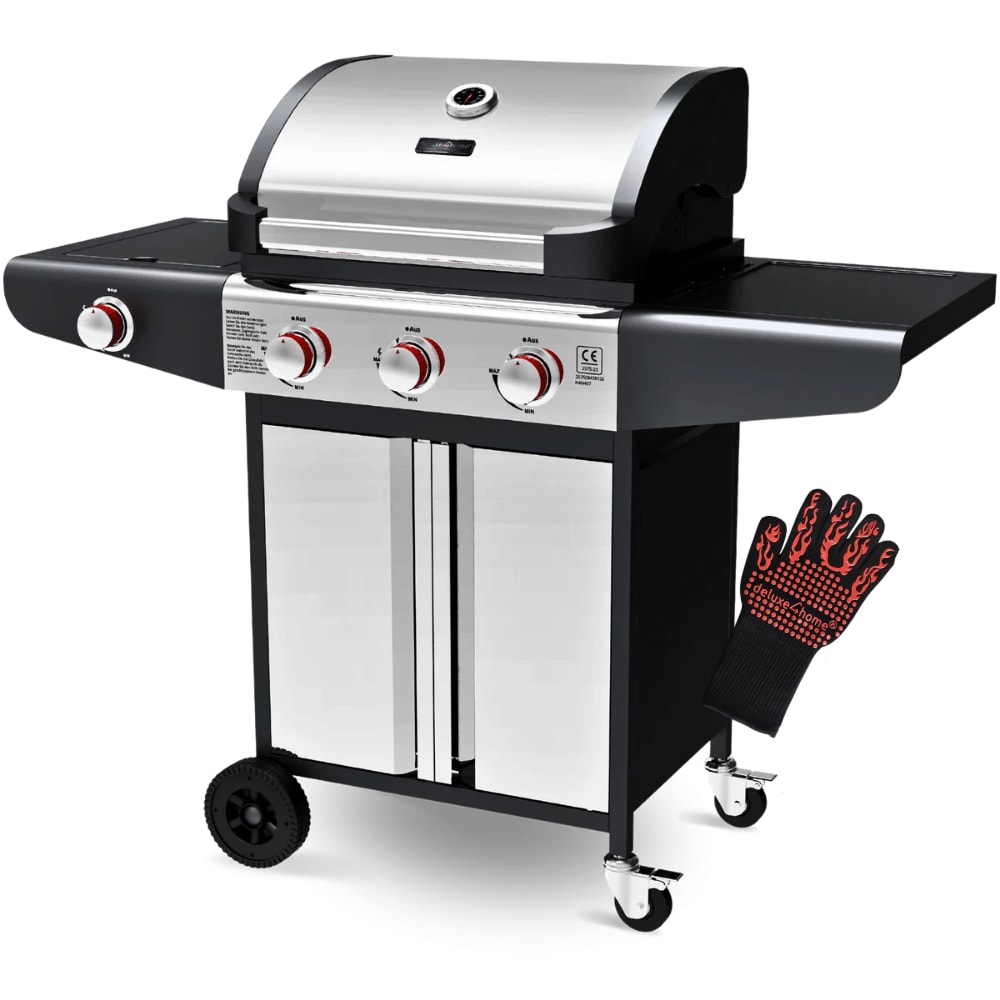 Gasgrill 3+1 Brenner mit Deckel DELO [Inkl. Handschuhe] Grillwagen mit Seitenbrenner Campinggrill mit Seitenablage & Thermometer
