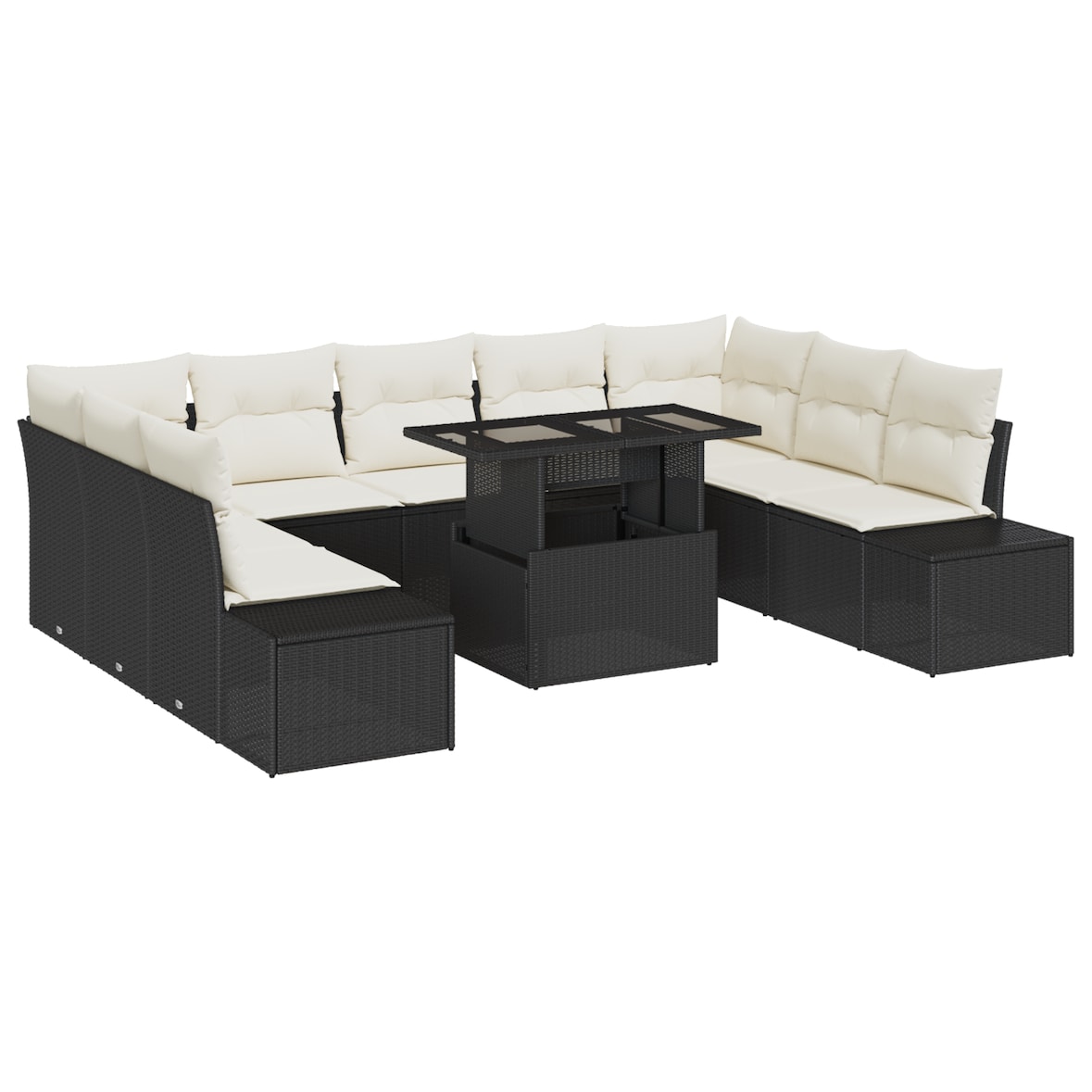 vidaXL 10-teiliges Garten-Sofaset mit Kissen, schwarzes Polyrattan