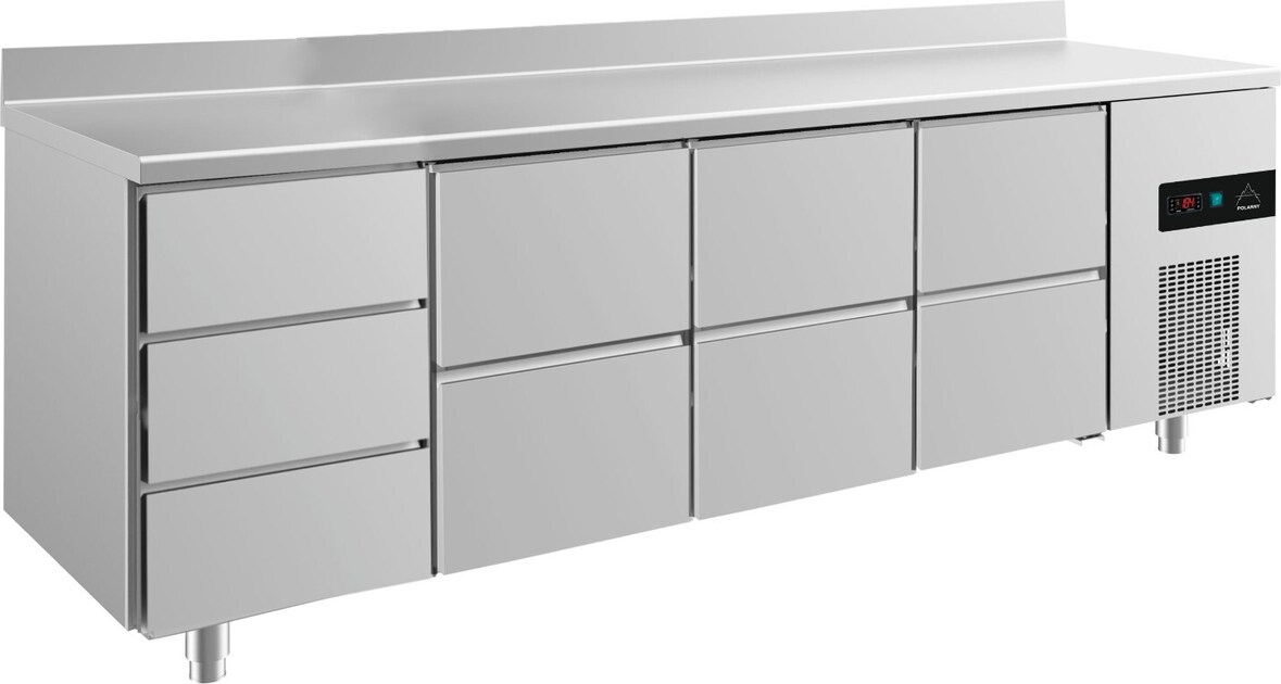 Gastro Kühltisch  je 2 Schubladen mittig&rechts 3 Schubladen links Umluftkühlung Aufkantung, 2330x700x850mm -2/+8°C  632l