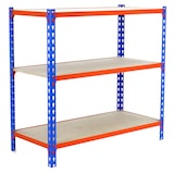 thumbnail of Metall-Steckregal Simonclick plus Maderclick 3 Fachböden mit 150 kg pro Ebene in BLAU/ORANGE/HOLZ 900x900x500 mm (Höhe x Länge x Breite)