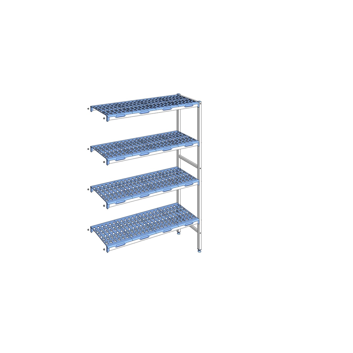 Alu Tournus-aanbouwlegbord met geperforeerde kunststof panelen: 125 mm lang, 400mm diep, 1750mm hoog, 4 niveaus Draagvermogen: 200 kg/niveau