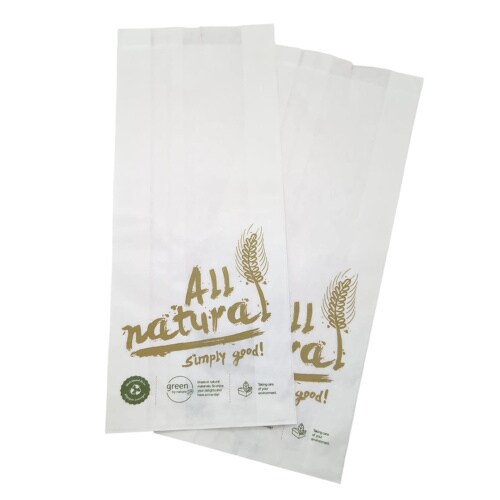 1000 Bäckerfaltenbeutel 434 20+7x45 cm Kraftpapier weiß Motiv „All Natural“