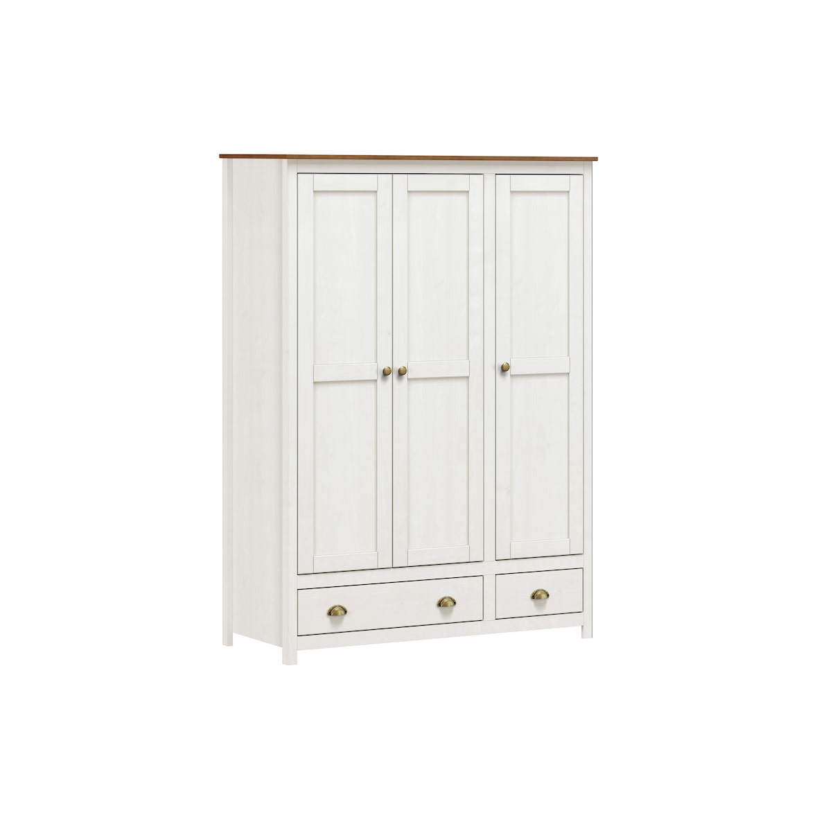 Möbilia Kledingkast | 3 deuren, 2 laden | massief grenen | B 136 x D 54 x H 185 cm | wit-bruin