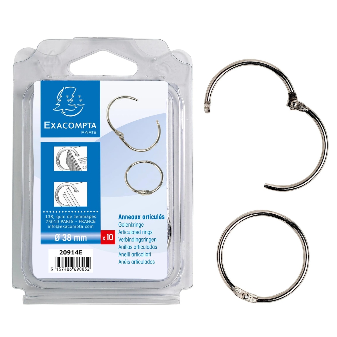 Exacompta - Réf. 20914E - Carton de 10 blisters de 10 anneaux métalliques articulés - Diamètre 38 mm - Argent