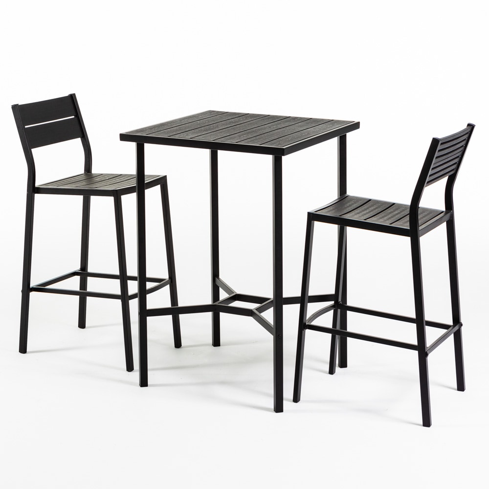 Buiten-eetset met hoge tafel, 2 barkrukken van staal en polyethyleen met houtlook, voor terras, balkon, bar en restaurants – DANTE+BEATRICE