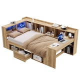 thumbnail of Merax Einzelbett 90x200cm, Stauraumbett mit LED, USB & Schreibtisch, Regalen & Schubladen, Holz, Naturfarbe