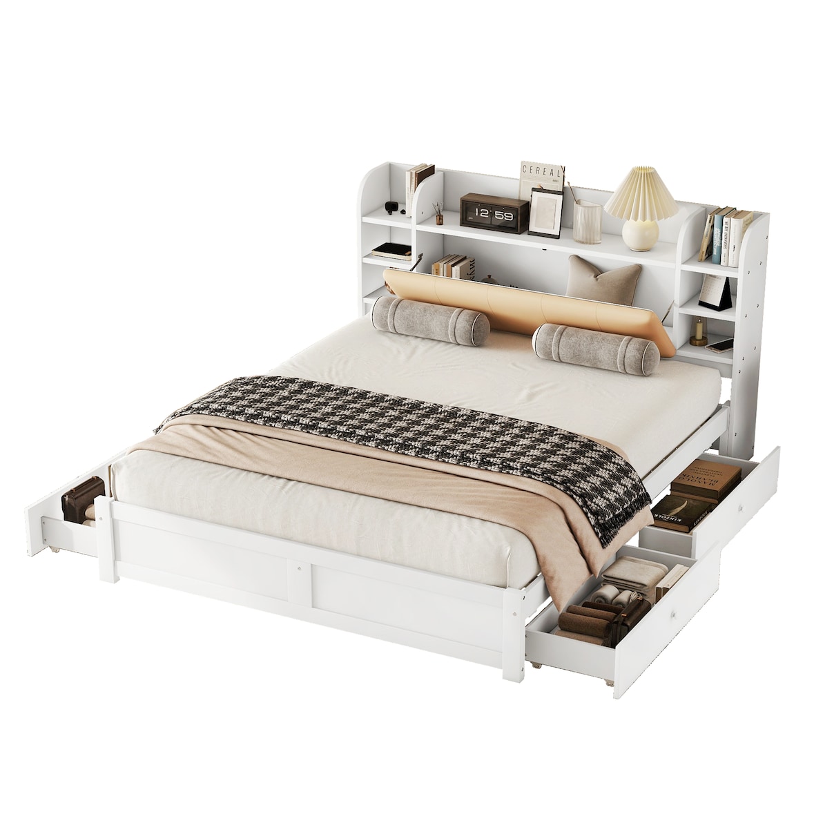 Flachbett 180x200 cm mit Vier Schubladen, Stauraum und Nachttisch – Weiß, Robustes Design aus Kiefernholz und MDF