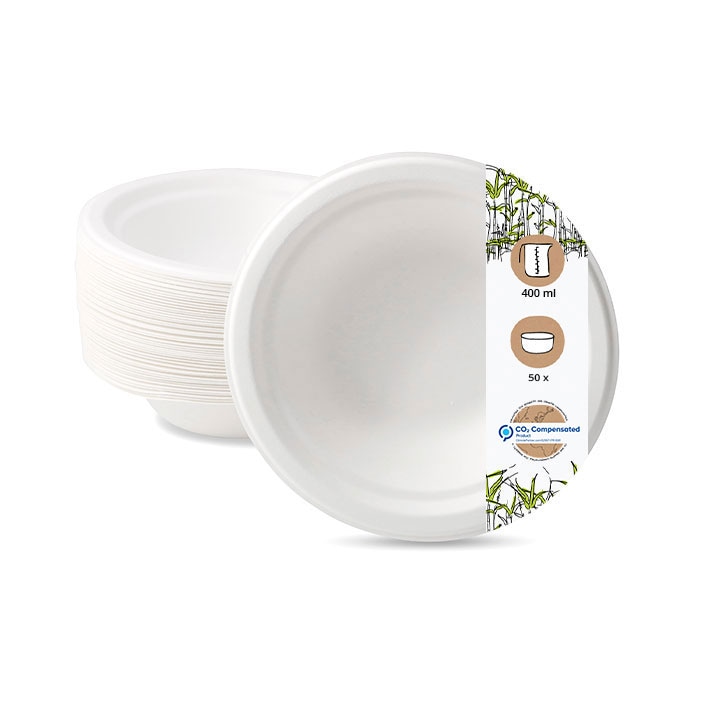 BIOZOYG 50 Stück Schale aus Zuckerrohr 400ml - Einwegschale für Salate, Bowls, Suppen, Eintöpfe - Runde Zuckerrohrschale - biologisch abbaubar