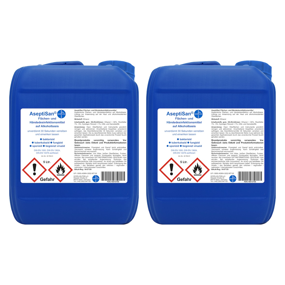AseptiSan - 2 x 5 Ltr. Kanister I Händedesinfektionsmittel I Pharmazentralnummer-16613756 I HERRLAN Qualität I Made in Germany