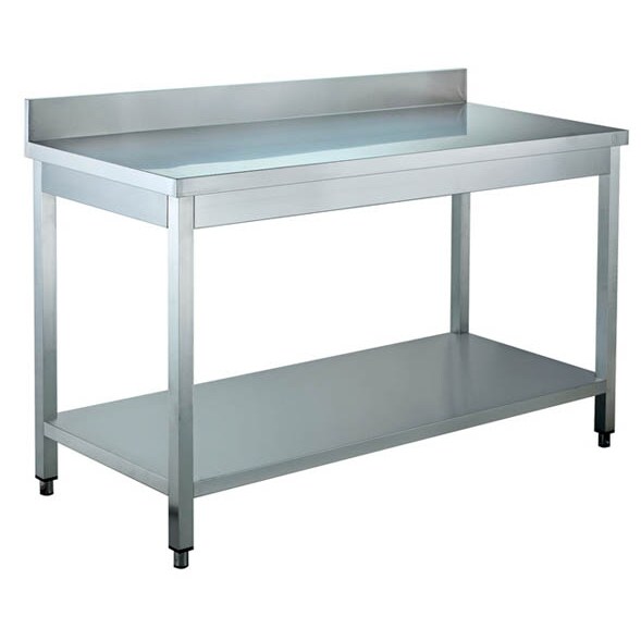 Tavolo lavoro professionale in acciaio inox, su gambe con ripiano inferiore ed alzatina, dim.mm 600x700x950h - mod.GDATS67A