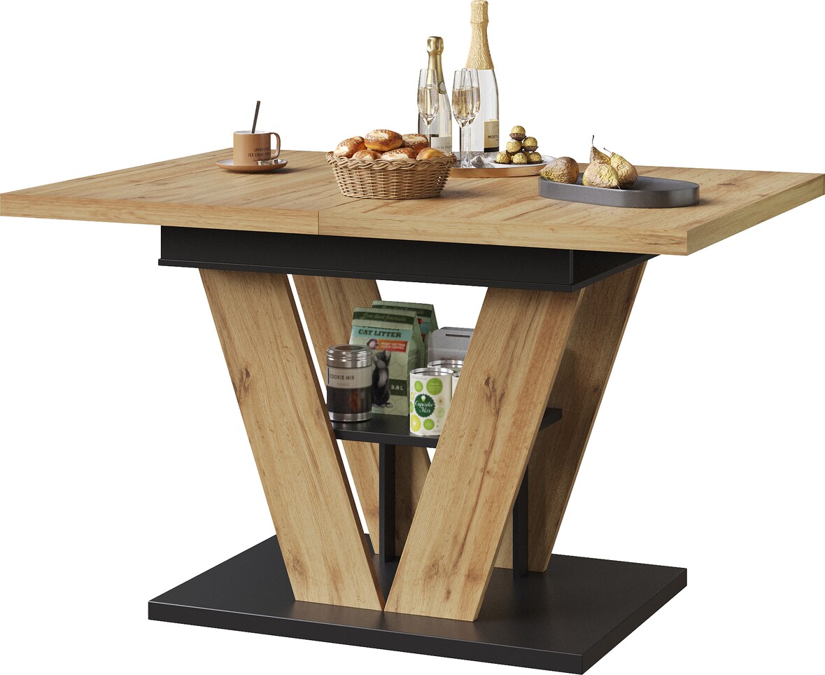 Ausziehbarer Esstisch 140x80x75 cm mit Holzmaserung Naturholz, MDF Metall Gestell, V Streben, verdeckte Auszüge, stabil für Küche
