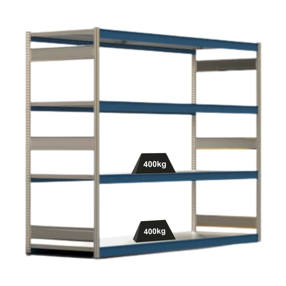 PROREGAL Weitspannregal ELCH Stecksystem T-Profil | Grundregal | HxBxT 200x257x80cm | 4 Ebenen | Stahlplatten-Fachboden | Fachlast 400kg | Enzianblau