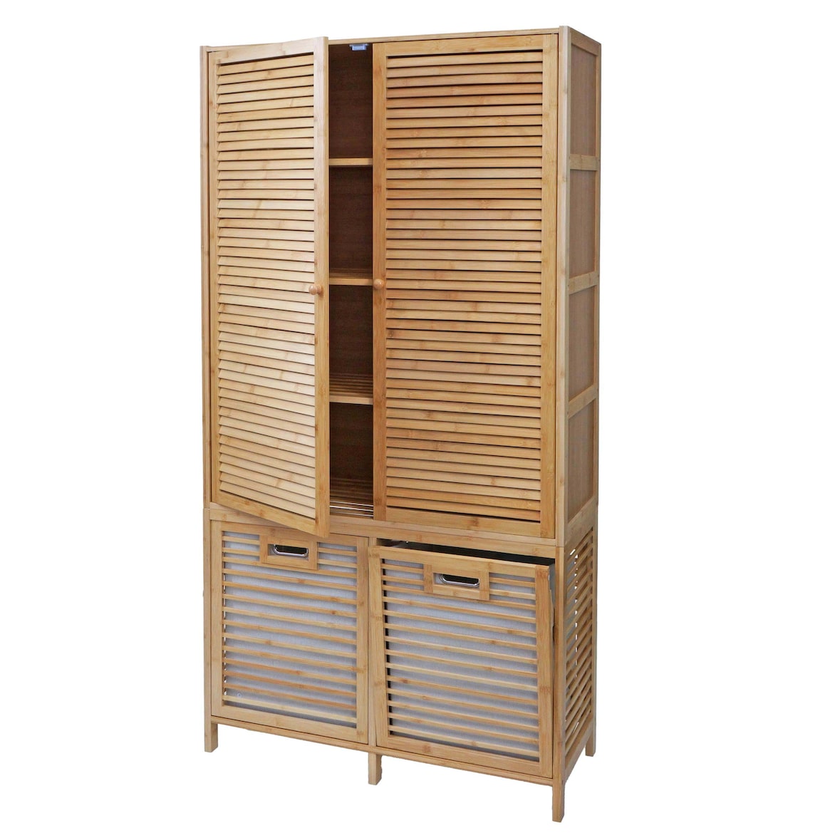 Armario de baño de bambú HWC-N83, estante Estante de baño Armario de baño, 2 cestos de ropa 2 puertas FSC® 168x82x34cm