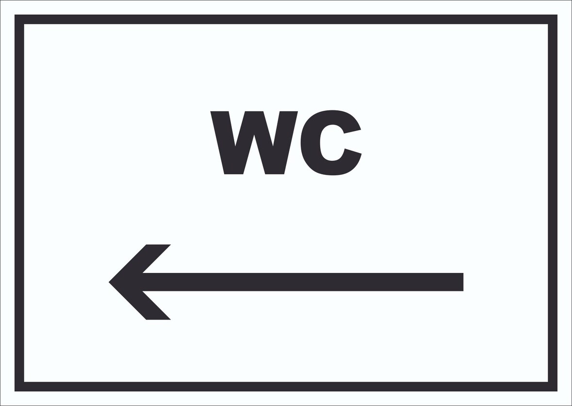 WC Schild mit Text und Richtungspfeil links Toilette Klo waagerecht A0 Rückseite selbstklebend