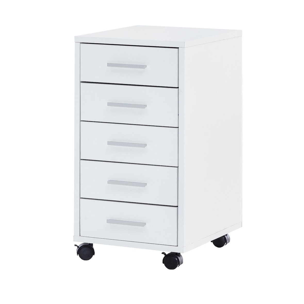 Rollcontainer Weiß 33 x 63 x 38 cm Holz Schubladenschrank Schreibtisch, Büro Schrank mit 5 Schubladen, Container Rollschrank klein Standcontainer