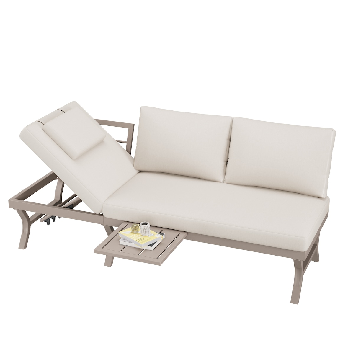 Merax Outdoor Lounge 3-Sitzer-Sofa, verzinkter Eisen, 5-stufig verstellbare Neigung (bis 55°) & Seitenablage, Beige