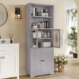 thumbnail of Badezimmer Hochschrank 160x58x29 cm Grau mit Glastür und Holzfront, 4 Türen, 2 offene Ablagen, verstellbare Einlegeböden, lackierte Oberfläche